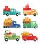 Delivery of vegetables, fruits isolated icon. Machines with harvest inside.