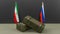Delivery of weapons from Iran to Russia, package of military aid, flag Iran and Russia, 3D work and 3D image