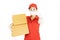 Delivery woman employee in red cap blank t-shirt uniform face mask gloves hold empty cardboard box isolated on white background