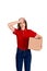 Delivery woman feels tired after delivering a heavy parcel isolated on white background