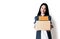 Delivery woman holding cardboard boxes. Online shopping concept