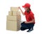 Delivery woman in red uniform with Parcel boxes making notes on delivery receipt clipboard, isolated on white