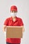 Delivery women in medical mask and rubber gloves holding cardboard boxes