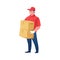 Delivery worker. Cartoon courier with parcels. Strong employee of shipping service holding cardboard boxes. Smiling