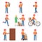 Delivery worker in different action poses. Man holding box or package. Vector characters