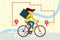 Delivery young female courier riding bicycle with package product box. Fast shipping service concept on city street map