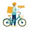 Deliveryman with bag  and pizza. Bicycle delivery boy. Courier service worker riding a bike delivers food, order or parcel to