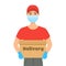 Deliveryman of goods and parcels. Courier in protective medical mask and rubber gloves