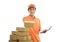 Deliveryman holding parcel box and clipboard on white background