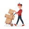 Deliveryman pushing trolley with cardboard boxes. Fast Delivery service by courier. Vector cartoon character
