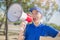 Deliveryman take megaphone