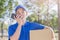 Deliveryman talk on phone