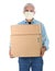 Deliveryman wearing covid-19 mask carrying two cardboard boxes isolated on white