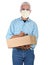 Deliveryman wearing a covid-19 protective mask with package and clipboard isolated on white