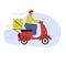 Deliveryman. A young European on a scooter delivers courier orders. Fast food delivery service. Flat vector illustration