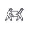 Deliverymen, box taking vector line icon, sign, illustration on background, editable strokes