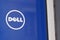 Dell logo sign round on blue background of computer manufacturer