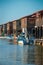 Delta Axios , Greece - 5 June 2022 : Fisherman huts , seahouses at Axios river delta