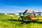 Delta, BC - May 7, 2019: Single engine propeller plane with camoflage style paint stored at Delta Heritage Airpark.