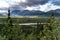 Delta Mountains in Alaska along the Richardson Highway in the summer. boreal forest in foreground