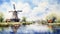 Delta Of Netherlands: A Stunning Watercolor Illustration Of A Windmill Along A River