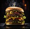 deluxe cheeseburger on dark background