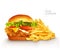 Deluxe king size burger with tasty fries in 3d illustration