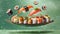 Deluxe sushi platter with components floating in the air. Advertising concept