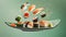 Deluxe sushi platter with components floating in the air. Advertising concept