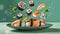 Deluxe sushi platter with components floating in the air. Advertising concept