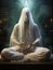 Dementor ghost in white sheet doing yoga, sitting in the lotus position, AI