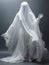 Dementor ghost in white sheet on white background, death and Halloween concept, AI