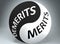 Demerits and merits in balance - pictured as words Demerits, merits and yin yang symbol, to show harmony between Demerits and