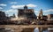 Demolition of a building by an excavator in an urban area.