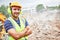 Demolition construction work. Worker at building site