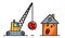 Demolition machine with weight metal ball and small house to be destroyed with facial expression of fear humorous vector