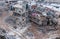 Demolition of the mall. Renovation in Russia. Drone view. Destruction of building structures. Pile of rubble from a
