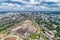 Demolition work of a large old factory. Dismantling on the territory of a big city. aerial view