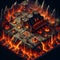 A demon land with evil aura, the building surrounded by magma, isometric view, top-down, a huge demon armory, game assets