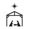 Den scene. Silhouette of the baby Jesus in the manger, the Virgin Mary, Joseph and the Christmas star. The birth of