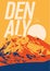 Denali in Alaska Range, North America, USA outdoor adventure poster. McKinley mountain at sunset illustration.