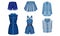 Denim Blue Clothing Items as Womenswear with Denim Dress and Skirt Vector Set
