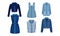 Denim Blue Clothing Items as Womenswear with Denim Jacket and Dress Vector Set