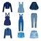 Denim Blue Clothing Items as Womenswear with Denim Jacket and Jeans Vector Set