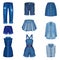 Denim Blue Clothing Items as Womenswear with Denim Shorts and Jeans Vector Set