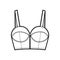 Denim bustier top technical fashion illustration with thin straps, zip-up closure, cups, slim fit, crop length bra