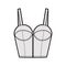 Denim bustier top technical fashion illustration with thin straps, zip-up closure, cups, slim fit, waist crop length.