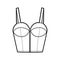 Denim bustier top technical fashion illustration with thin straps, zip-up closure, cups, slim fit, waist crop length.