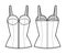 Denim corset top bustier technical fashion illustration with basque, thin straps, zip-up closure, cups, fitted body.