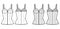 Denim corset top bustier technical fashion illustration with basque, thin straps, zip-up closure, cups, fitted body.